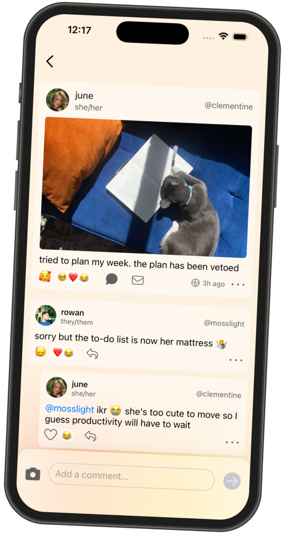 a Cetera post with comments, replies, and emoji reactions