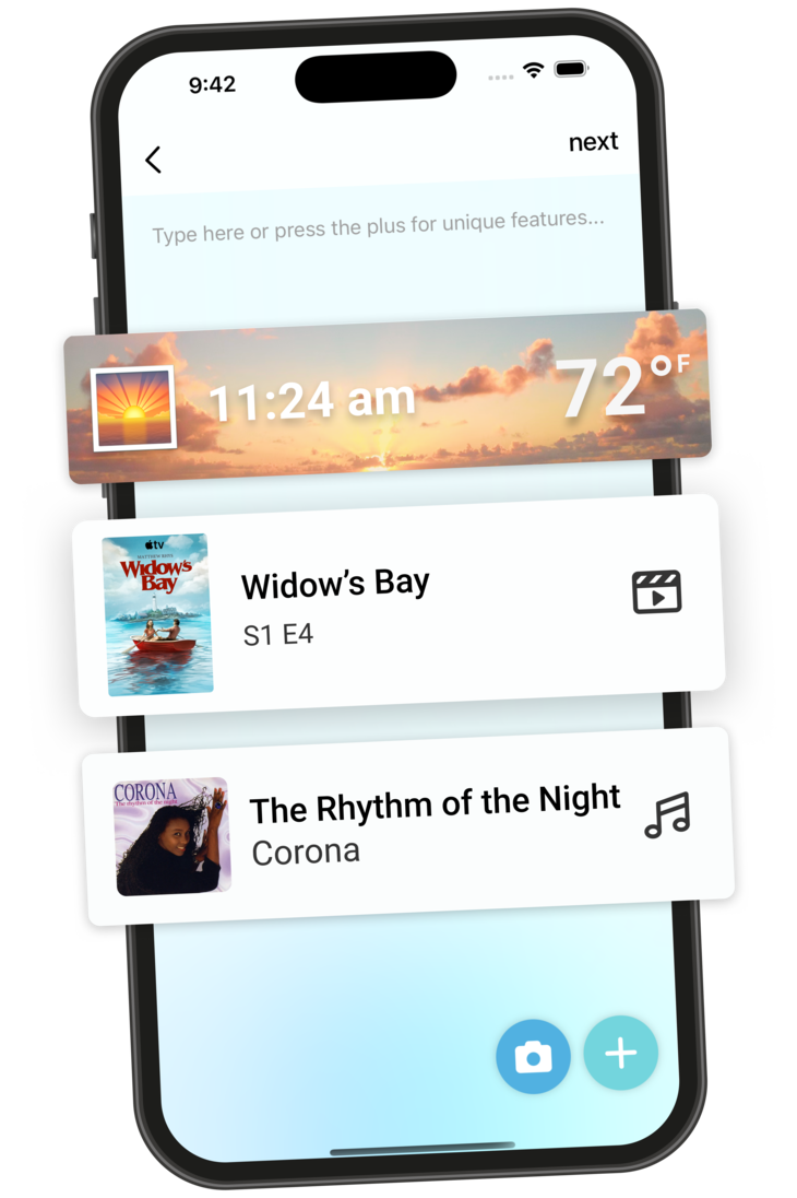 the Cetera post editor with weather, a TV show, and a song elements included