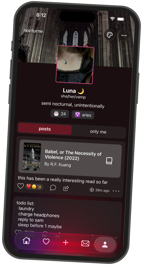 the same profile concept in night mode with deep red accents